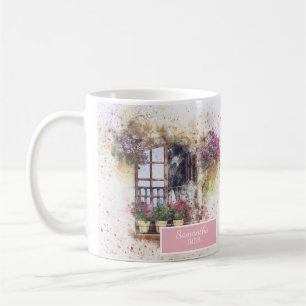 Caneca De Café Janela de Jardim em Aquarela Flores Coloridas Pers