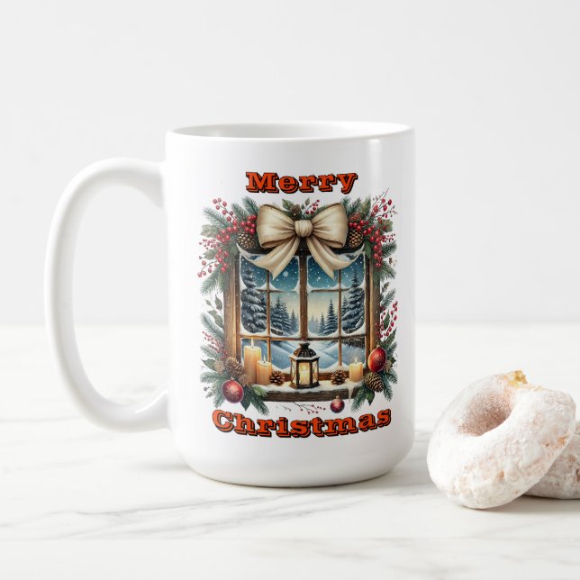 Caneca De Café Janela De Natal Com Cena De Inverno (Com Donut)