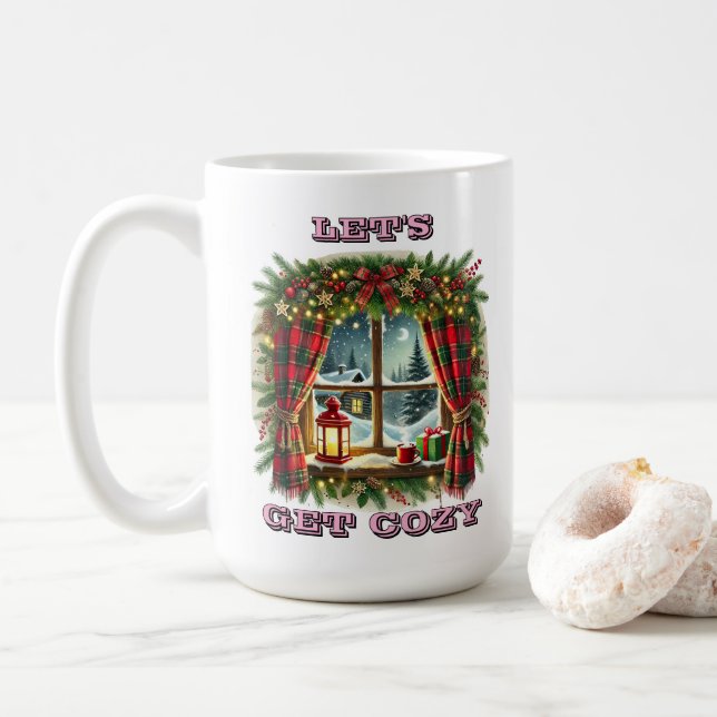 Caneca De Café Janela de Natal Cozy com neve e decorações (Com Donut)