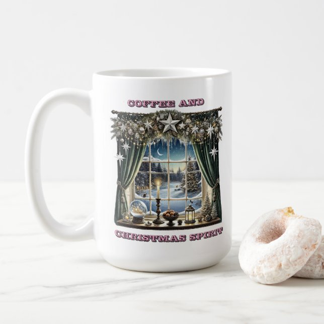 Caneca De Café Janela Festiva com Vista de Neve (Com Donut)