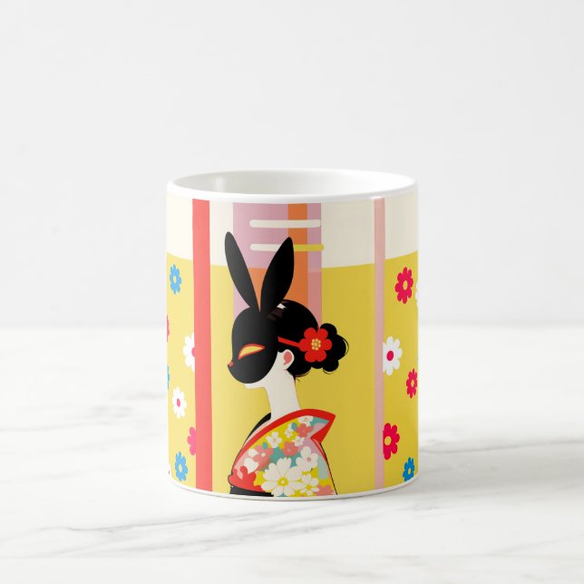 Caneca De Café Japanese Rabbit Mask – Retro Floral Mug (Centro)