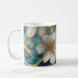 Caneca de Café Japonesa Floral Azul Turquesa Doura