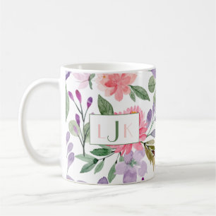 Caneca De Café Jardim Blooms Aquarela Monograma Floral Mug