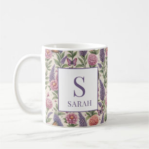 Caneca De Café Jardim Botânico Monograma Floral Lavanda