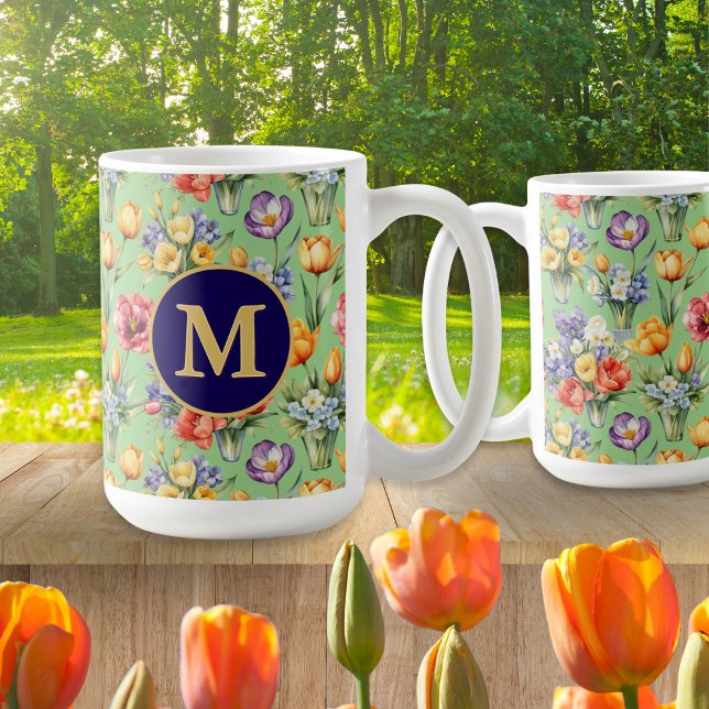 Caneca De Café Jardim de Flores de Primavera Verde Salvia Monogra (An elegant monogrammed mug for garden lovers, with Spring flowers pattern on a green background)