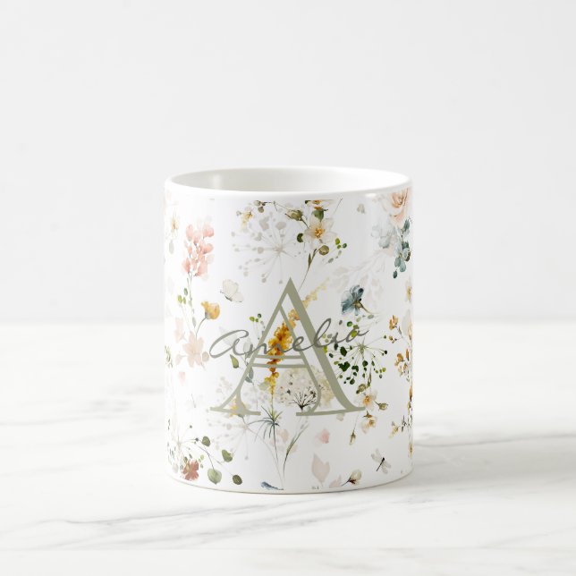 Caneca De Café Jardim de Flores Monograma Elegante (Centro)