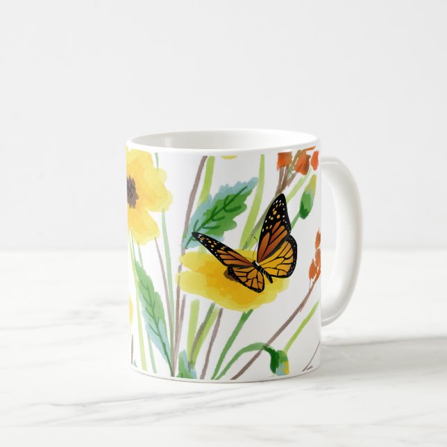 Caneca De Café Jardim de Flores Silvestres com Borboletas em Aqua (Frente Esquerda)
