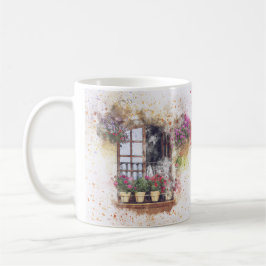Caneca De Café Jardim de Janela em Aquarela Flores Coloridas