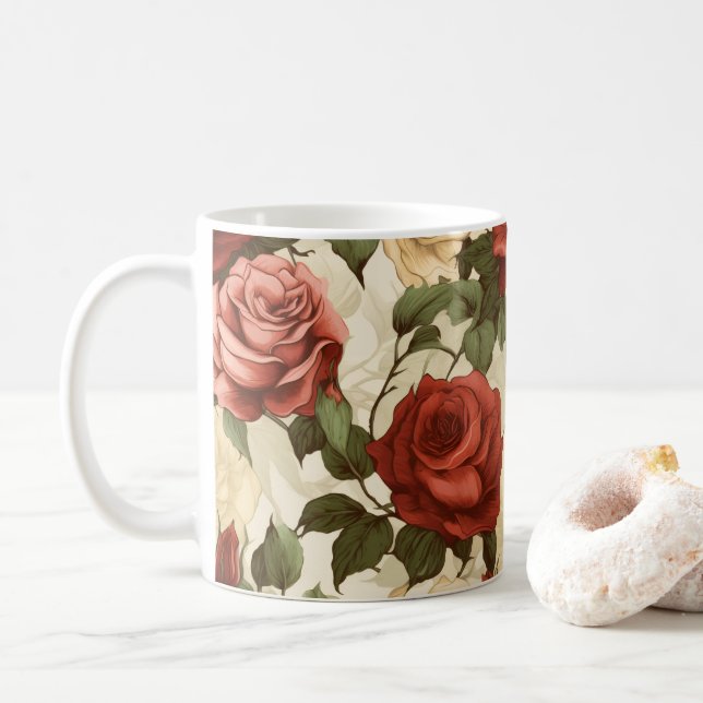 Caneca De Café Jardim de Rosas em Aquarela (Com Donut)