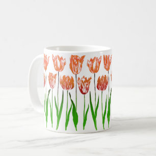 Caneca De Café Jardim de Tulipas Impresso em Laranja Coral e Verd
