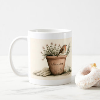 Caneca De Café Jardim de Vaso de Ervas Floridas e Robin Personali