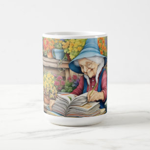 Caneca De Café Jardim de vasos de flores Senhora lendo livro entr