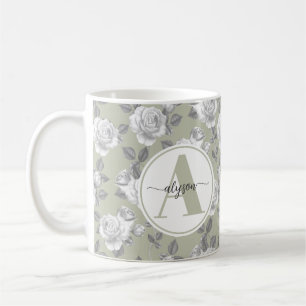 Caneca De Café Jardim Elegante de Rosa em Sage Green Monogramas M
