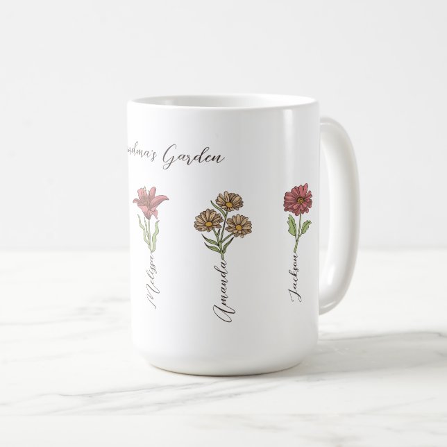 Caneca De Café Jardim Flor de Vovó 5 Netos Nome Floral (Frente Esquerda)