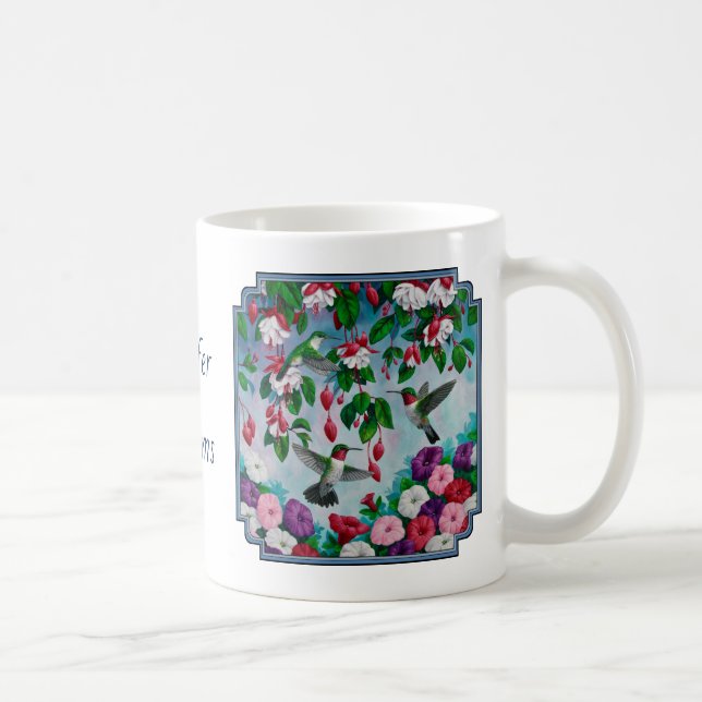 Caneca De Café Jardim Flor e Aves Humanas Azuis (Direita)