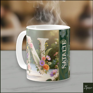 Caneca De Café Jardim Floral Branco com Monograma da Letra N