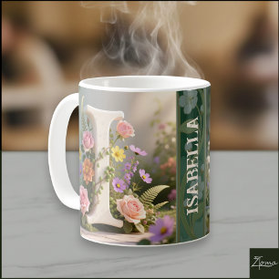 Caneca De Café Jardim Floral Branco Letra Monograma I