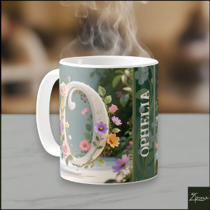 Caneca De Café Jardim Floral Branco Monograma Letra O
