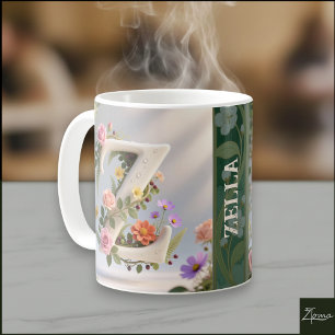 Caneca De Café Jardim Floral Branco Monograma Letra Z