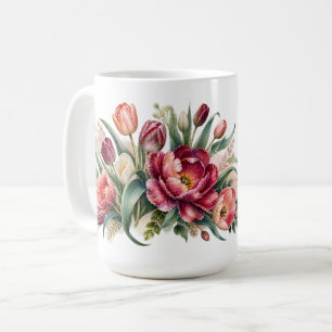 Caneca De Café Jardim Floral de Tulipas em Aquarela Elegante