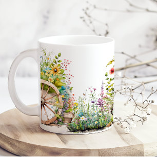 Caneca De Café Jardim Florido Colorido Roda de Carroça País