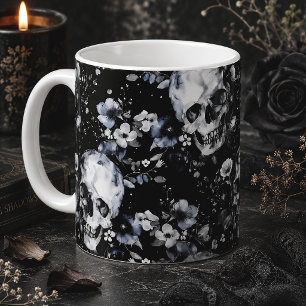 Caneca De Café Jardim Gótico de Caveiras e Florais Pretos