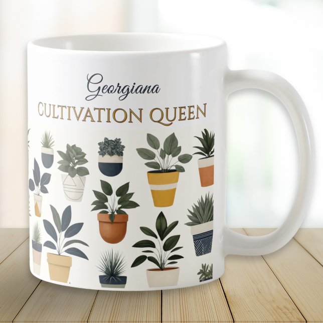 Caneca De Café Jardinagem da Rainha de Cultivo (A chic mug with 'Cultivation Theme words, personalized name and pattern of green plants in pots)