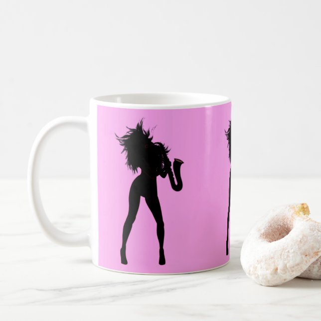 Caneca De Café Jazz Music Saxo Girl Café Mug Your Color - Texto (Com Donut)