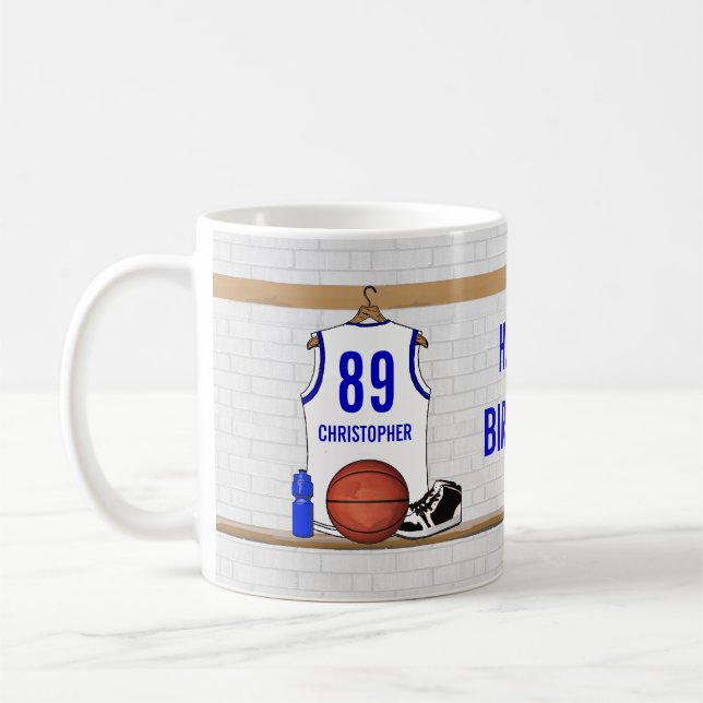 Caneca De Café Jérsei de Basquete Branco e Azul Personalizado (Esquerda)