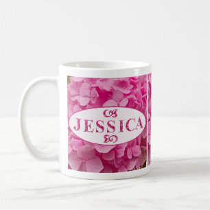 Caneca De Café "Jessica" - Letra Elegante Rosa Hydrangea Floral