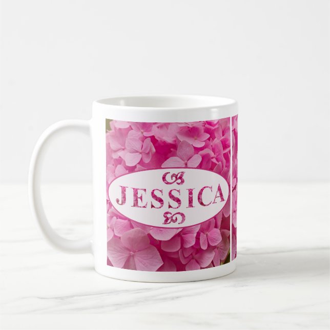 Caneca De Café "Jessica" - Letra Elegante Rosa Hydrangea Floral (Esquerda)