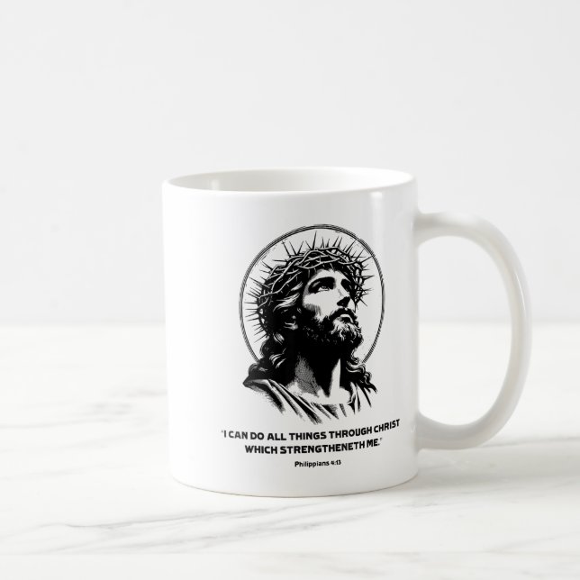 Caneca De Café Jesus, Bible Verse Philipans 4_13 Christian God  (Direita)