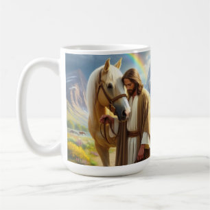 Caneca De Café Jesus com cavalo Palomino em paisagem cênica