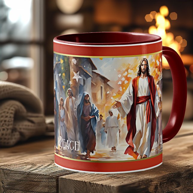Caneca De Café Jesus Cristo Mensagem Cristã Religiosa (Mug featuring a painting of Jesus Christ and his message of love, peace and joy - christmas holidays)