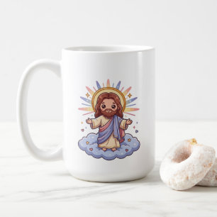 Caneca De Café Jesus Kawaii Fofo nas Nuvens Ilustração da Fé Cr