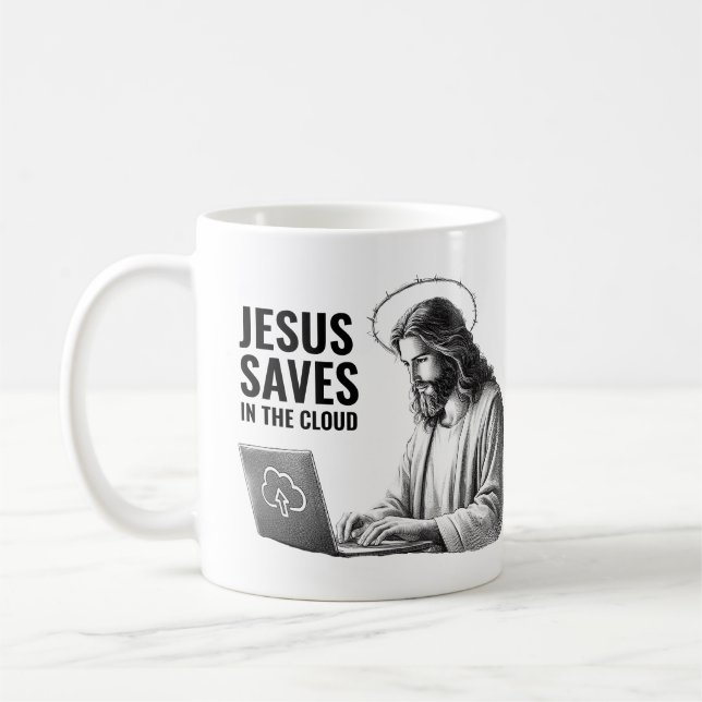 Caneca De Café Jesus Saves in the Cloud - Funny Jesus Meme (Esquerda)