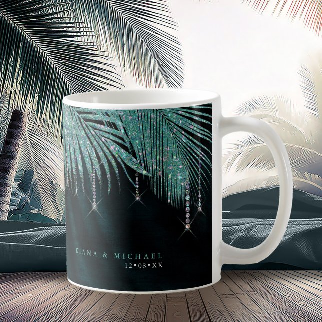 Caneca De Café Jewel Palm Leaf Wedding Teal ID830 (Criador carregado)