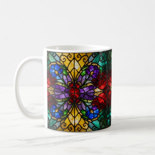 Caneca De Café Jewel Tone Floral Stained Glass Art Mug (Esquerda)