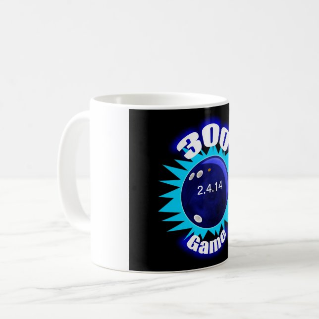 Caneca De Café Jogo de Boliche 300 Personalizado, Gráficos Azuis  (Frente Esquerda)