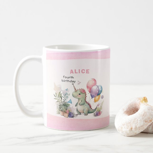 Caneca De Café Jovem Dinossauro Rosa Pia-Cor-d'água Aniversário (Com Donut)
