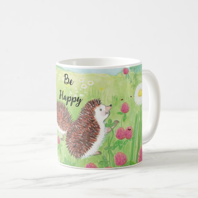 Caneca De Café Jovens Hedgehogs no Prado sejam felizes (Frente Esquerda)