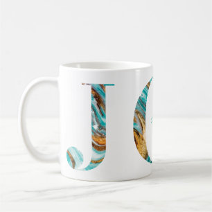 Caneca De Café Joy Colorous Teal e Dourada Tipografia Marble