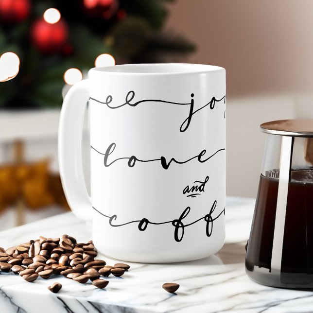 Caneca De Café Joy, Love & Coffee | Feriado de Escrita Manual Ele (Criador carregado)
