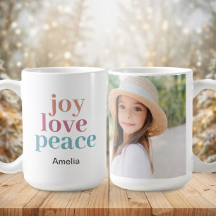 Caneca De Café Joy Love Peace Nome Personalizado Foto Natal