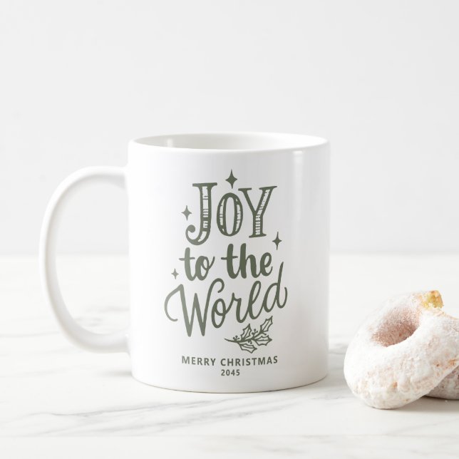 Caneca De Café Joy to the World Christmas Lettering Taupe Green (Com Donut)