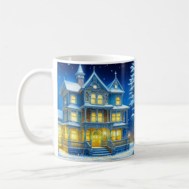 Caneca De Café Joyeux Noël Bonito Casa Azul de Natal (Esquerda)