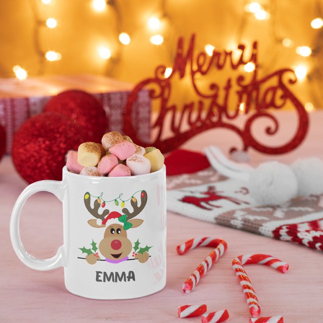 Caneca De Café Joyful Reindeer Lights Design de Natal com Nome (Criador carregado)