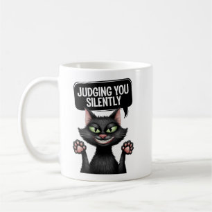 Caneca De Café Julgando Seu Design De Gato Preto Silencioso