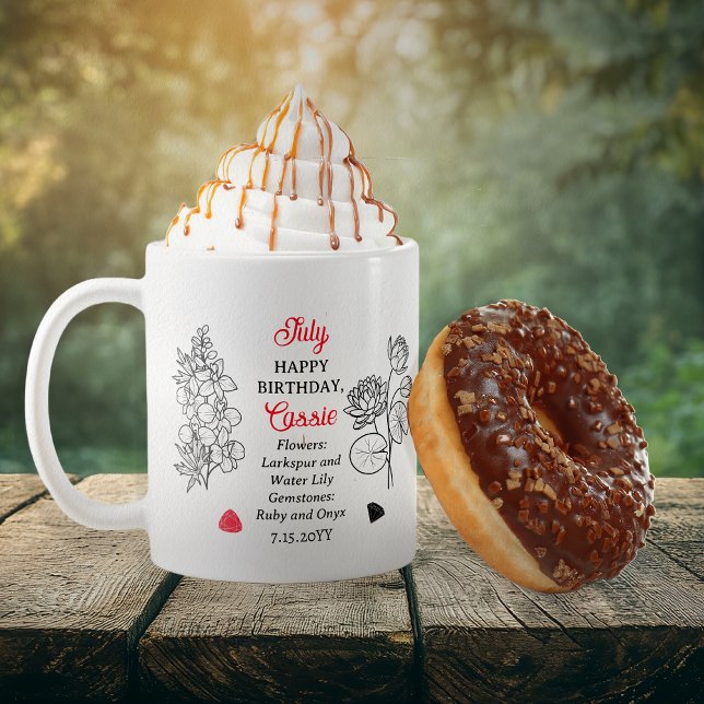 Caneca De Café Julho Larkspur e Water Lily Birthday Keepsasaame (July Floral and Birthstone Birthday Keepsake Coffee Mug)