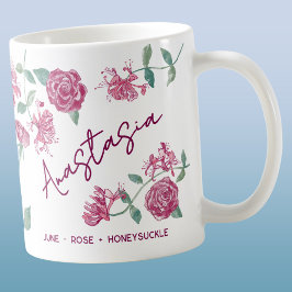 Caneca De Café June Birth Flower Custom Name Rose Honeysuckle